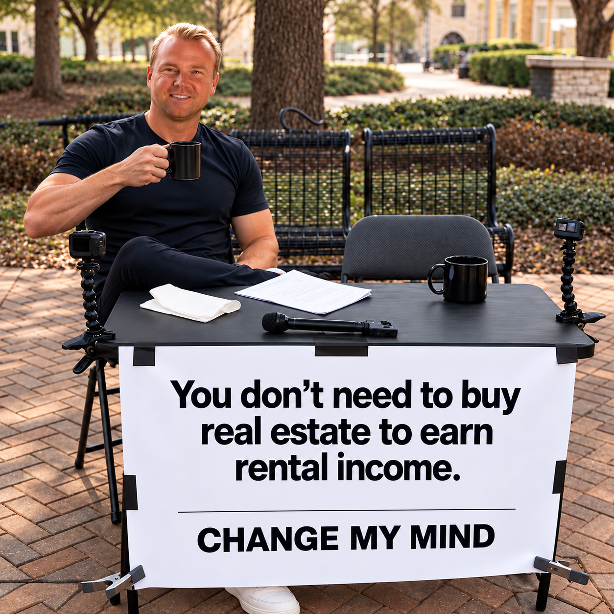Richie Matthews seated at an outdoor table with a sign reading: You don't need to buy real estate to earn rental income. Change my mind.