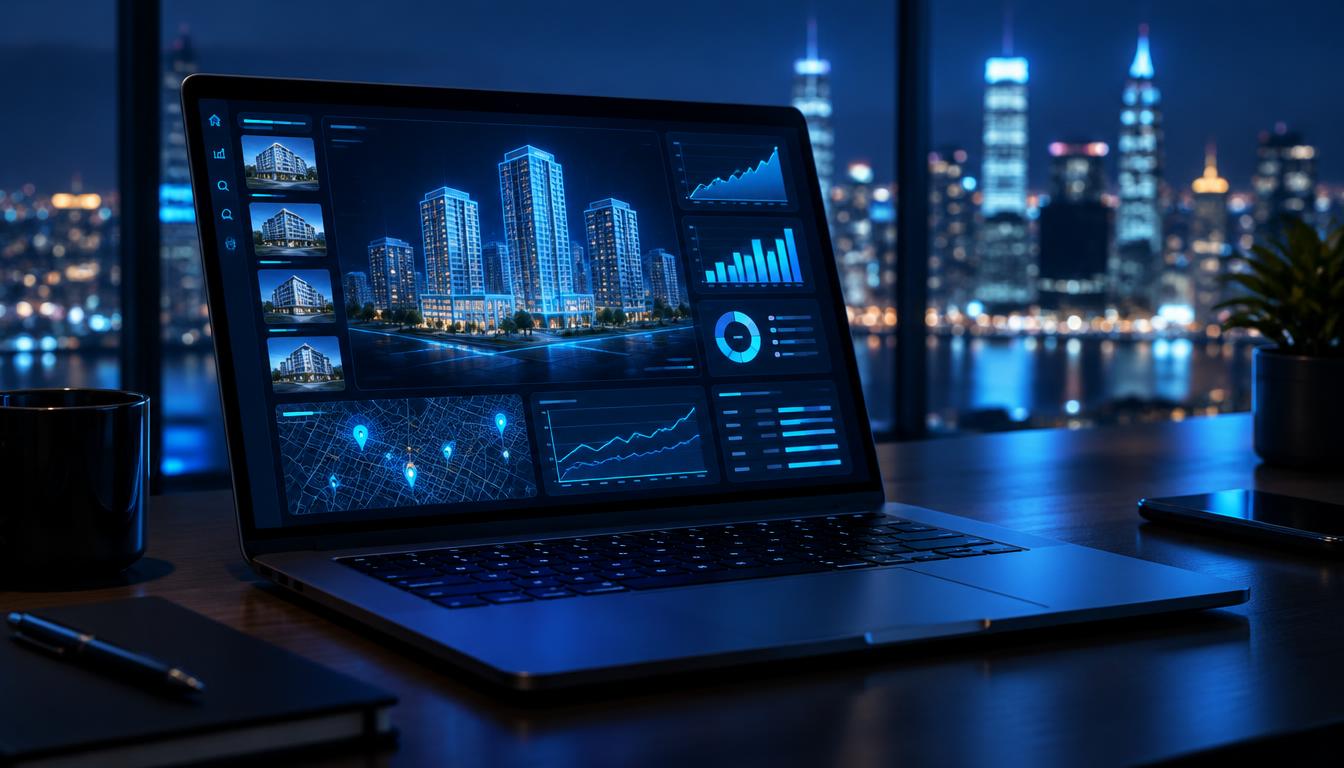 Laptop showing an AI real-estate data dashboard